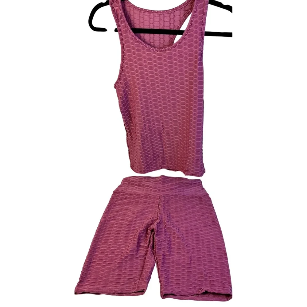 NEW MIX Mauve Honeycomb Textured Workout Tank Top &‎ Biker Shorts Set Size S/M